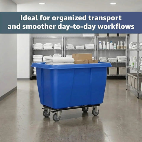Solid Build Blue Cube Truck 12 Cubic Feet Heavy Duty Rolling Garbage Wagon With Easy Glide Swivel Casters Industrial Grade Laundry Cart in use.