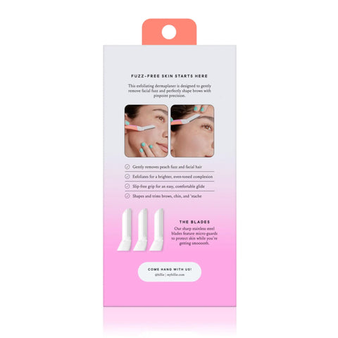 Back packaging of Dermaplane Starter Kit with instructions, handle, and three refill blades for peach fuzz removal.