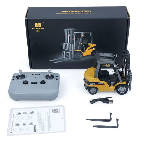 Mini Warehouse RC Forklift Model 9925 With Realistic Light And Sound Effects Precise Steering Lift Lower Function Plus Remote Control Operation For Indoor Play with controller and accessories.