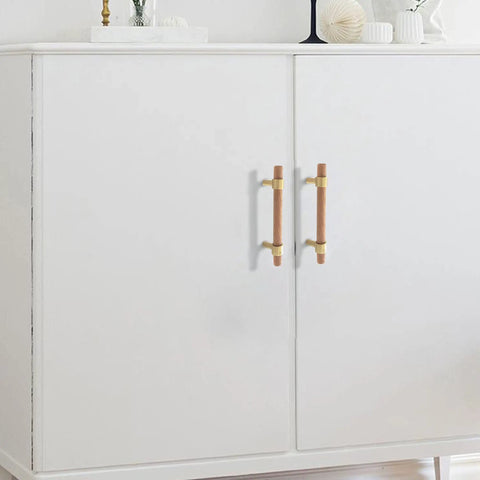 4.5 Inch Wood Gold Drawer Pulls Beech Cabinet Handles Brushed Brass for Dresser Cupboard Hardware installed on white cabinet