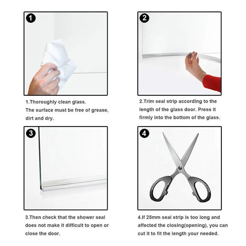Installation steps for Frameless Shower Door Bottom Seal With Drip Rail For Glass Doors Twenty Seven Point Five Inch Long Sweep Tough Seal Strip