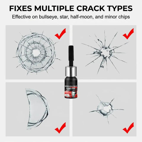 Windshield Chip Repair Kit With Glass Repair Liquid For Cracks And Chips Quick Fix All In One Windshield Repair Solution For Windshields Mirrors Glass And Auto Glass Surfaces 5 Minute Professional Repair showing repair liquid and crack types