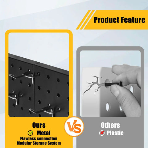 Heavy Duty Metal Pegboard Panels 10 Pack for Garage and Garden Tool Storage vs Plastic Pegboard, showing strength and durability contrast.