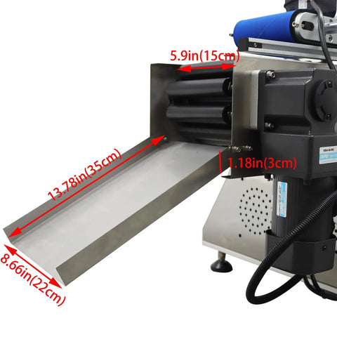 Heavy Duty Fully Automatic Desktop Conveyor Roller Horizontal Labeling Machine For Round Bottles Cans And Wine Featuring Straight Plug And Play Setup showing the measuring dimensions.