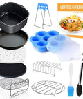 Game Changing 11 Piece Air Fryer Accessories Kit With Recipe Cookbook For Philips COSORI And Other Air Fryers And Ovens Deluxe 8 Inch Deep Fryer Set Crafted From FDA Certified Food Grade Materials shown with accessories.