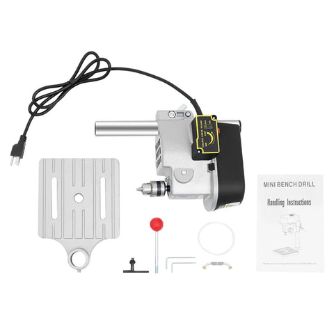 Compact 340W Mini Benchtop Drill Press, Portable Electric Table Drill Machine with accessories and manual for jewelry making.