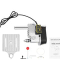 Compact Bench Drill Press With 340 Watt Solid Copper Motor And Three Smooth Speed Settings Reaching 16000 Rpm, includes drill components and manual.