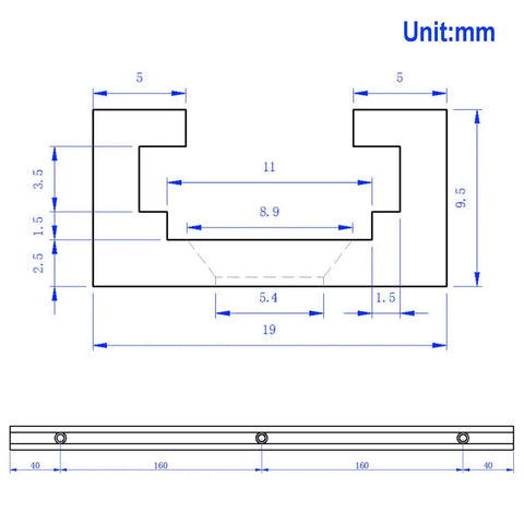Technical drawing of Rock Solid 400Mm T Track Slider Kit Aluminum Alloy Jig Rails with dimensions in mm.
