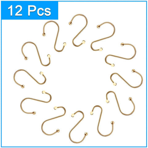 Decorative Brushed Gold Shower Curtain Hooks 12 Pack Rust Resistant Metal Hangers arranged in a circle