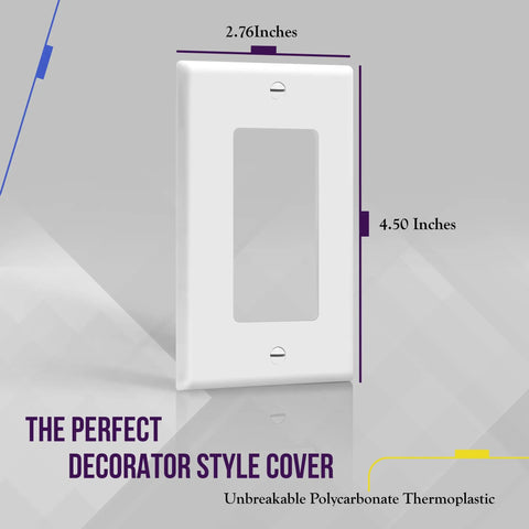 Decorator Wall Plate 1 Gang Switch Receptacle Cover, Built Tough With Unbreakable Polycarbonate Thermoplastic, Heat and Fade Resistant, 4.50 x 2.76 Inches, White, 10 Pack UL Listed 8831W, shown with measurements in white.