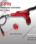Front view of red aluminum e-bike hydraulic brake lever with 2-pin waterproof connector