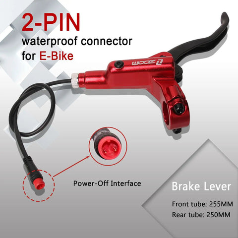 Bucklos Zoom Hb876e 2 Pin 4 Piston Hydraulic Disc Brake Set For Electric Bikes And Scooters With Automatic Power Off Sensor Pre-Bled Lines, red brake lever with waterproof connector.