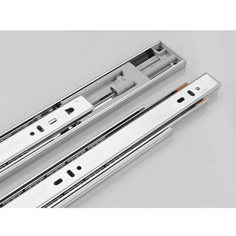 Silent Heavy Duty Cabinet Drawer Slides Featuring Three Section Steel Rails That Roll Real Smooth For Effortless Gliding And Durable Replacement Tracks, showing close-up view of silver steel rails.
