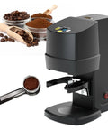 Automatic Electric Coffee Tamper For 58mm Portafilter Adjustable Espresso Presser Machine in black with portafilter and coffee grounds.