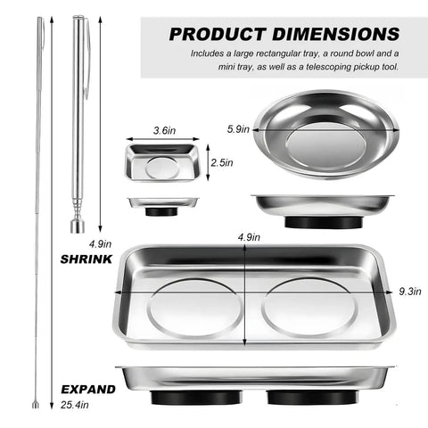 Magnetic Tray Set With Telescoping Magnet Pickup Tool 4 Piece Stainless Steel Round And Rectangular Trays For Screws Nuts Bolts Pro Grade Heavy Duty Automotive Shop Organizer dimensions