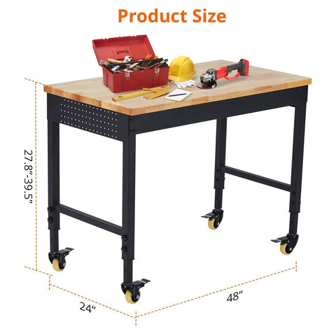 Tough As Nails Mobile Workbench 60 Inch Adjustable Shop Table with rubberwood top, size 48" x 24", adjustable height, lockable casters.