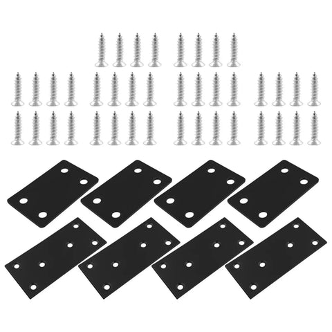 Tough As Nails Stainless Steel Mending Plates And Square Connecting Brackets For Knocking Out Fast Furniture Repairs And Rock Solid Shelf Reinforcement With Dead Tight Screws For Weekend Warriors with screws and black plates.