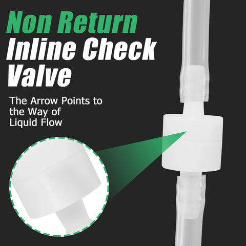 Inline PVDF plastic check valve on tubing, 1/4 in size, non-return with green flow arrow, front view