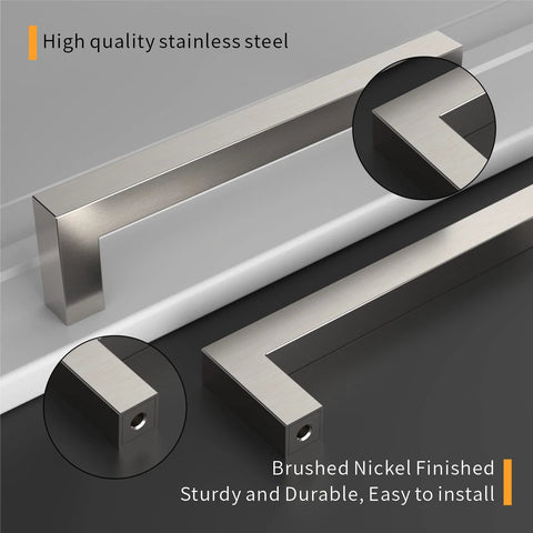 Close-up of 10 Pack Brushed Satin Nickel Cabinet Pulls 5 Inch Center To Center Square Drawer Handles showcasing metal finish and design