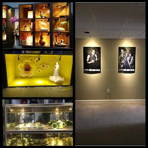 8 Pack 1W Warm White LED Mini Spotlights With 360 Degree Rotatable Heads illuminating display cases and wall art in gallery