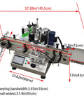 Detailed view of Automatic Round Bottle Labeling Machine With Conveyor Applicator And Receiving Tray 110V showcasing measurements and features.