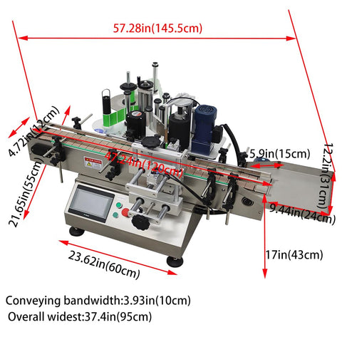 Detailed view of Automatic Round Bottle Labeling Machine With Conveyor Applicator And Receiving Tray 110V showcasing measurements and features.