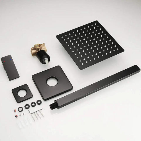 Matte Black Shower Faucet Set With Rough In Valve And Trim Kit 8 Inch Square Rain Shower Head Extra Long 14 Inch Shower Arm All Metal Durable Bathroom Shower System For Modern Homes components displayed