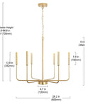Gold Spray 6 Light Modern Farmhouse Candle Chandelier with measurements and adjustable height feature