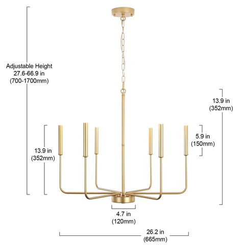 Gold Spray 6 Light Modern Farmhouse Candle Chandelier with measurements and adjustable height feature