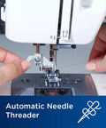 Close-up of the No Sweat Dead Simple Sewing Machine with automatic needle threader in use, featuring adjustable guide.