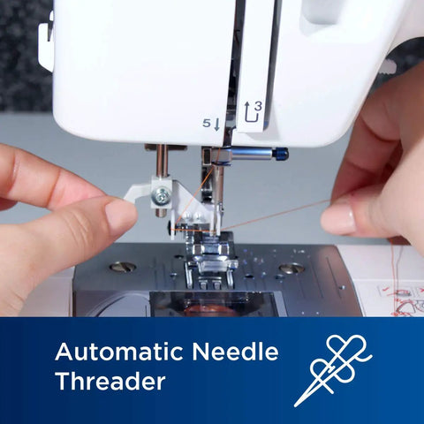 Close-up of the No Sweat Dead Simple Sewing Machine with automatic needle threader in use, featuring adjustable guide.
