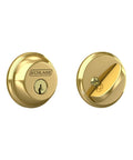 Keyed Single Cylinder Grade One Deadbolt In Bright Brass Finish With Adjustable Backset From Two And Three Eighths To Two And Three Quarters Inches Round