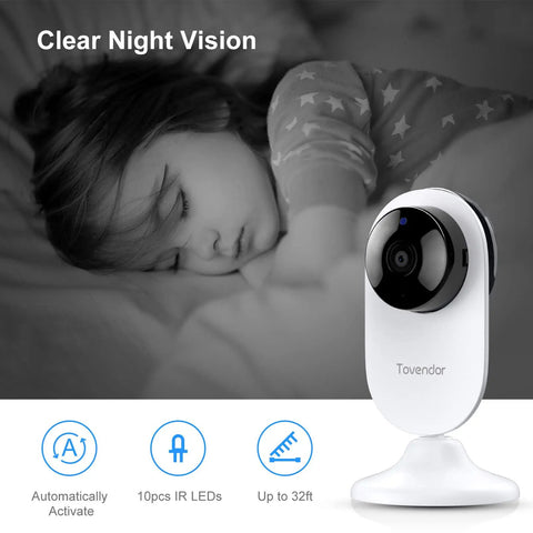 Mini Smart Home Camera 1080P 2.4G WiFi Security Cam With Ultra Wide 120 Degree Lens next to sleeping child, highlighting night vision.