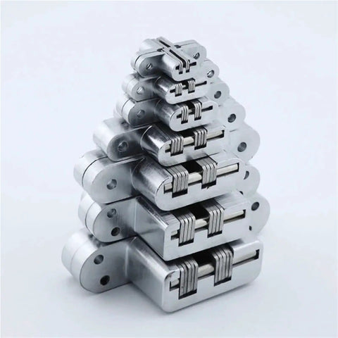 Stainless Steel Concealed Cross Heavy Duty Folding Door Hinge Kit, Hidden Double Spring, Built-In Mount, shown stacked in a pyramid shape.