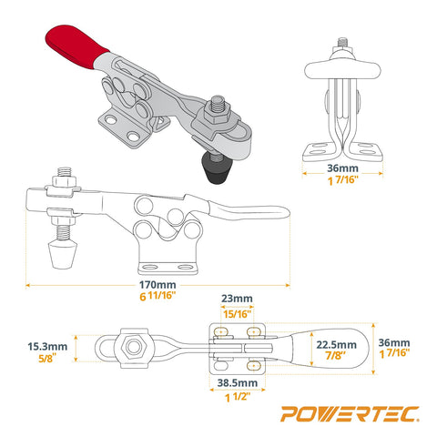 Technical diagram of quick release toggle clamp from Two Pack 24 Inch Universal T Track Kit With Four Pro Grade Horizontal Quick Release Toggle Clamps And Mounting Plate For Woodworking Jigs Table Saw Sled Drill Press Table CNC Machine And Work Bench.