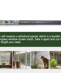 Fiberglass Window Screen Mesh Replacement Roll 39 Inch By 32 Point Eight Feet Gray shown in packaging and DIY scenarios.