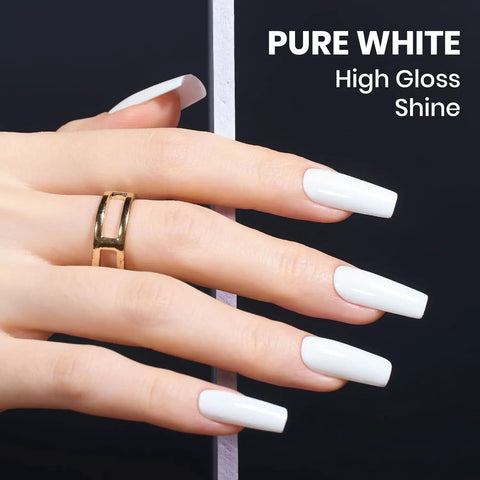 Two-Color Black White Gel Nail Polish Kit HEMA-Free Soak Off UV Gel Set showcasing white high-gloss nails with gold ring