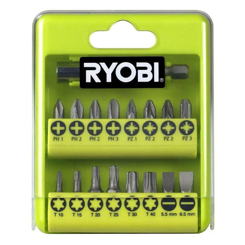 17 Piece Screwdriver Bit Set With 16 25mm Bits And 60mm Bit Holder Includes PH1 PH2 PH3 PZ1 PZ2 PZ3 TX10 TX15 TX20 TX25 TX30 TX40 SL5 SL6 Great For Diy Home Improvement And Professional Use, visible in a plastic case.