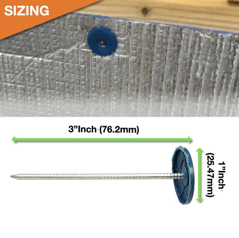 250 Count Round Plastic Cap Roofing Nails Galvanized Steel Fasteners For Tar Paper House Wrap Foam Board Insulation Film Construction Sites Rigged Solid And Dang Tough Handles Any Roofing Job With No Sweat Installation Ease with sizing details shown.