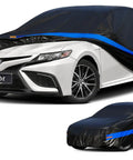 Black and blue All Weather Waterproof Car Cover For Sedans Universal Fit 183 To 193 Inches on white sedan