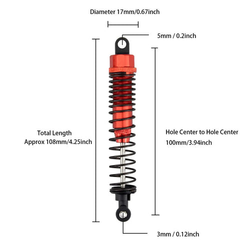 Single 108mm aluminum damper with measurements for 1/10 scale RC cars. Front And Rear RC Shock Absorbers 4 Pack 108mm Adjustable Aluminum Dampers.