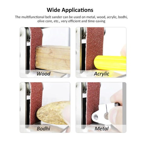 Mini Electric Belt Sander With Seven Speed Settings For Precision Sanding Polishing And Grinding Woodworking Metal Sharpening Project Includes Ten Durable Sandpaper Belts, showing applications on wood and metal.