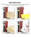 Compact Mini Electric Belt Sander Machine For Wood And Metal Sanding Polishing Sharpening With 7 Speed Settings Includes Three Sanding Belts in action on wood, acrylic, bodhi, and metal.