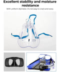 Snorkeling gear including masks and snorkel demonstrating excellent stability and moisture resistance.