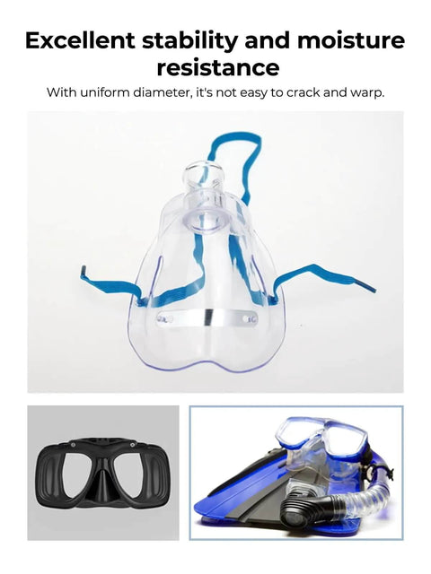 Snorkeling gear including masks and snorkel demonstrating excellent stability and moisture resistance.