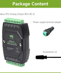 Package contents of Industrial Twin Pack 8-Channel Analog Output Modules with 12-Bit DAC, showing module, adapter, and screwdriver.
