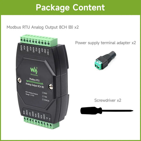 Package contents of Industrial Twin Pack 8-Channel Analog Output Modules with 12-Bit DAC, showing module, adapter, and screwdriver.