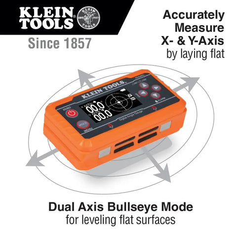Digital Level Angle Finder With Programmable Angles displaying dual axis bullseye range for flat surfaces.