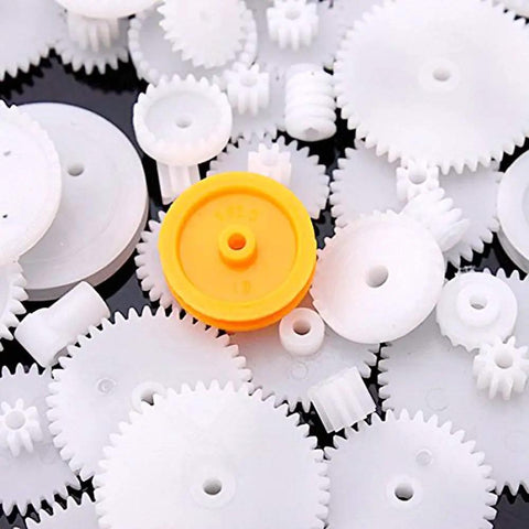 75 Type Plastic Crown Gear Set for DIY Projects and Science Experiments, featuring white gears and a yellow gear