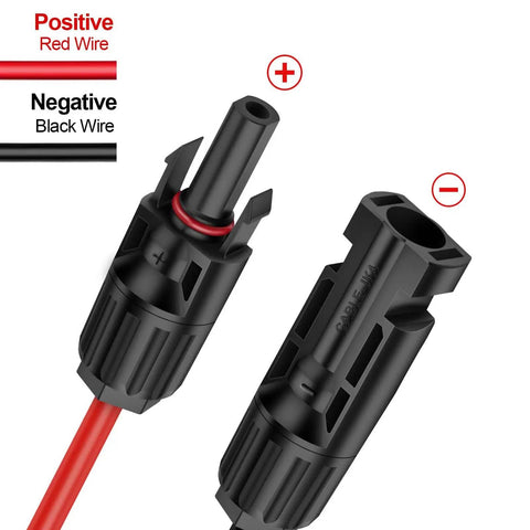 Two Foot Solar Panel Connector Cable With 10AWG SAE To Male And Female Adapters showing positive red and negative black wires
